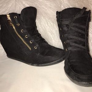 Black Lace Up Sneaker Wedge with Zipper Detail